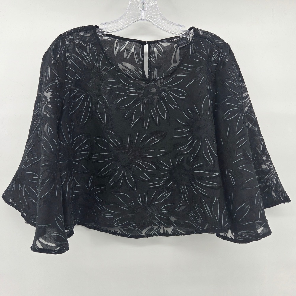 Caribbean Queen Crop Top Medium Black Floral Bell Sleeve Sheer‎ Witchy Goth